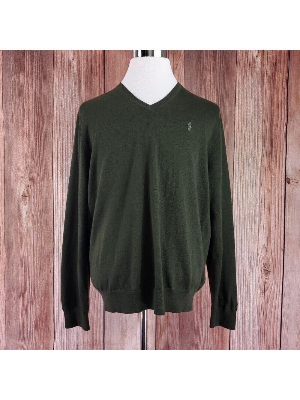 Polo Ralph Lauren Mens XL Washable Merino Wool V-Neck Sweater Pony Green
